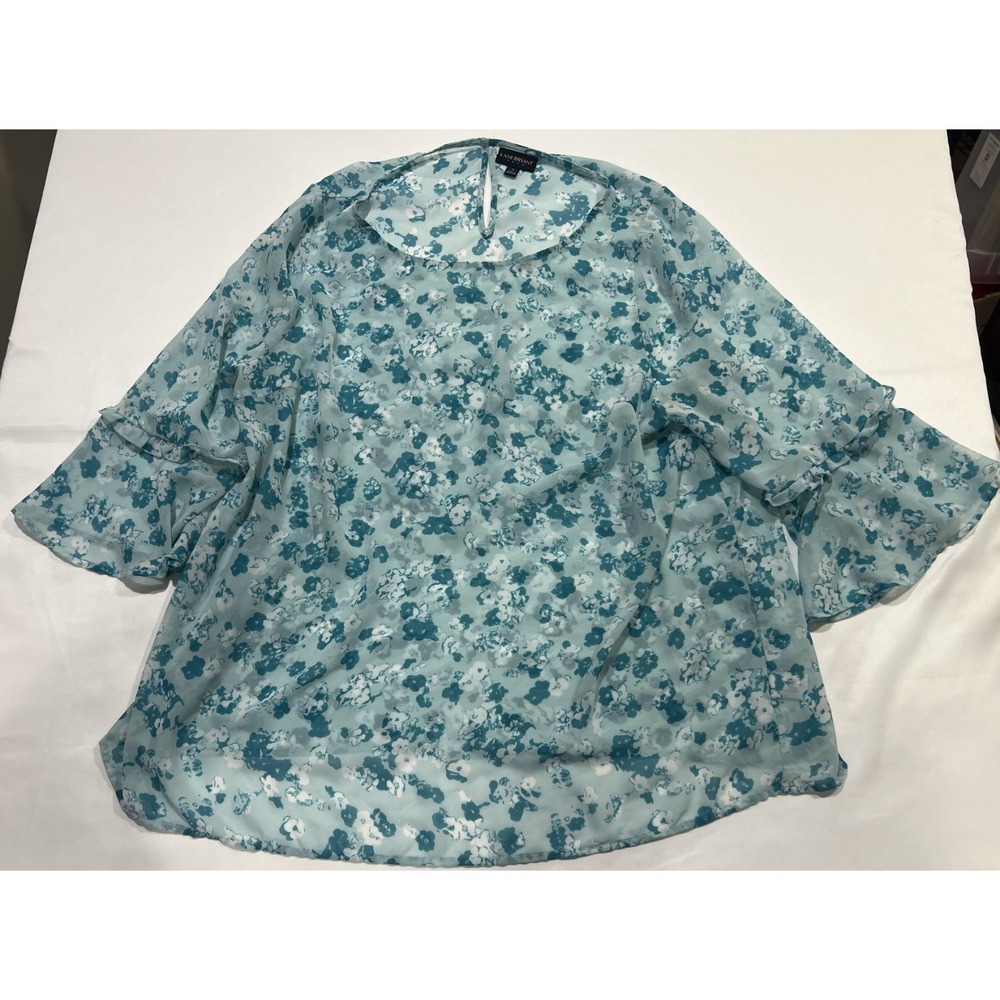 Lane Bryant Blouse Womens 16 Blue Floral Bell Sleeve Boho Keyhole Back